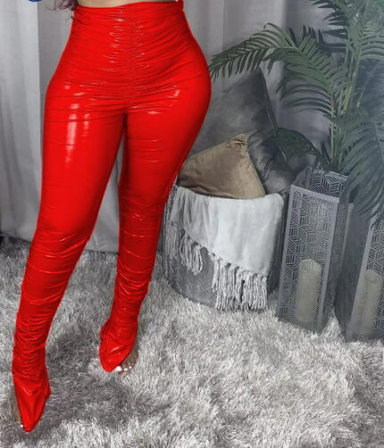 Stacked Leather Red Women Pants