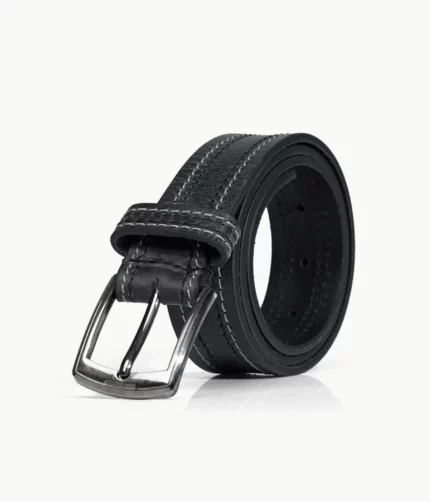 BLACK LEATHER BELT With WHITE THREAD
