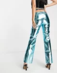 Metallic Sky Blue Faux Leather Pants