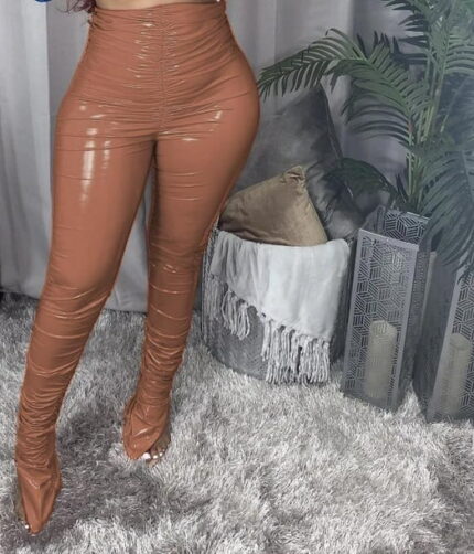 Stacked Leather Sandy Brown Women Pants