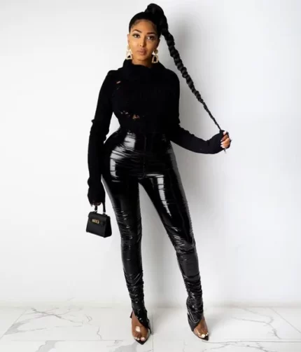 Stacked Leather Black Women Pants