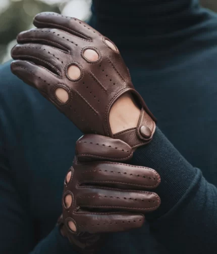 Brown lambskin leather driving gloves
