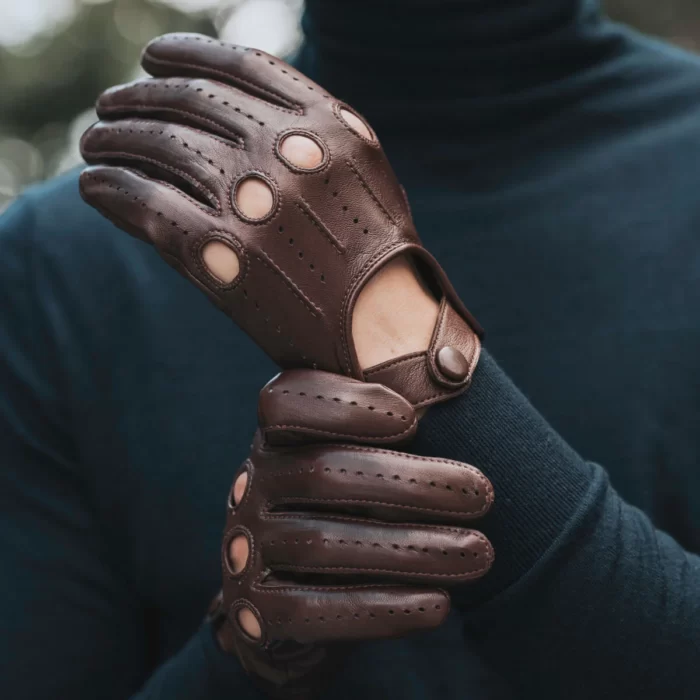 Brown lambskin leather driving gloves