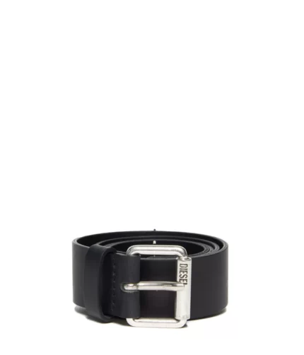 Black leather belt with logo on buckle