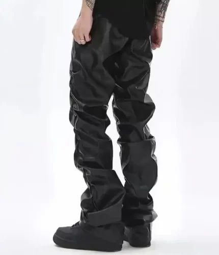Black Faux Stacked Leather Pants