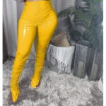 Stacked Leather Yellow Women Pants