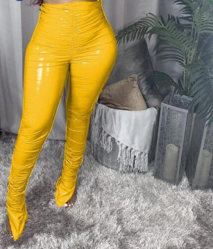 Stacked Leather Yellow Women Pants