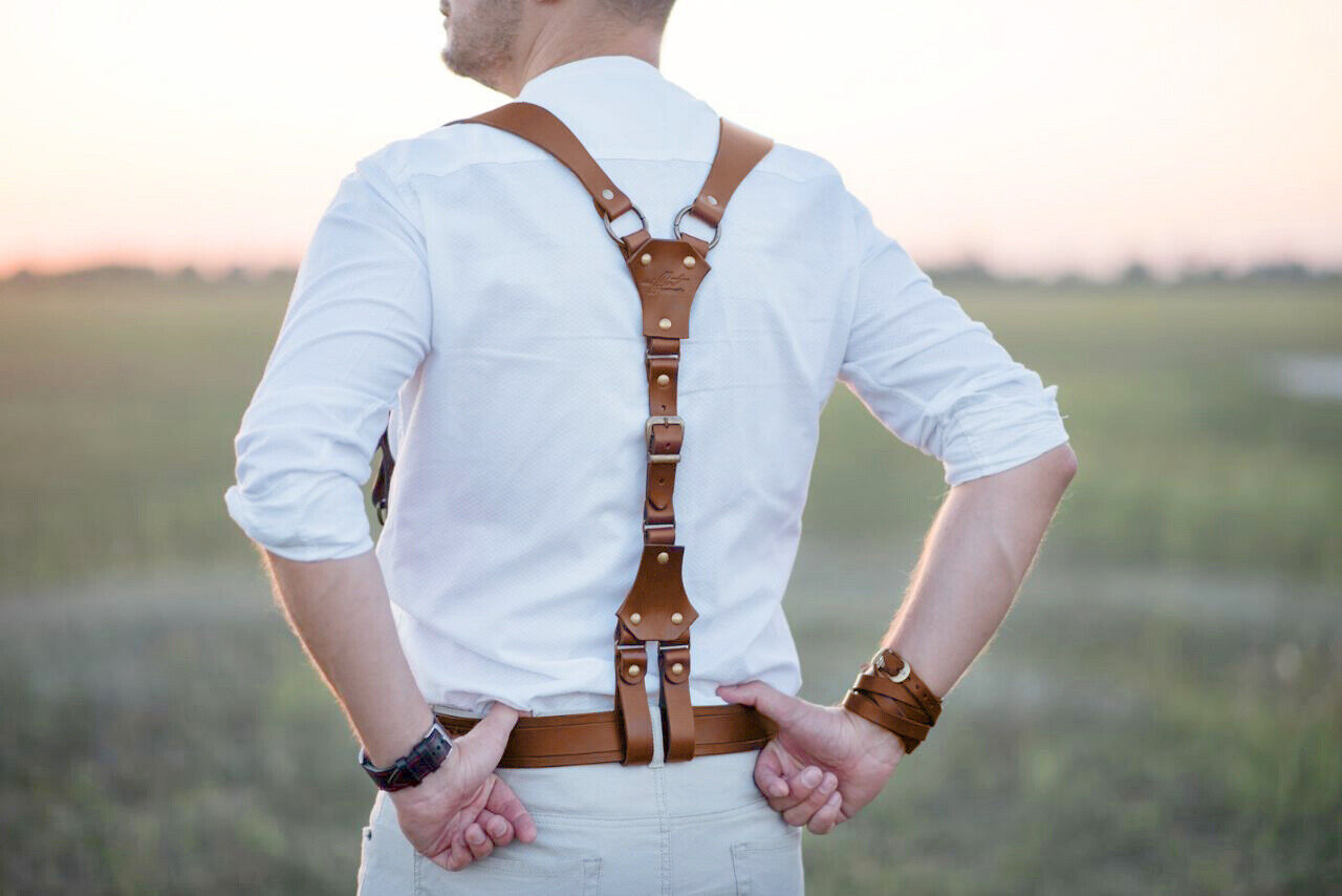 Genuine Brown Leather Suspenders for Men