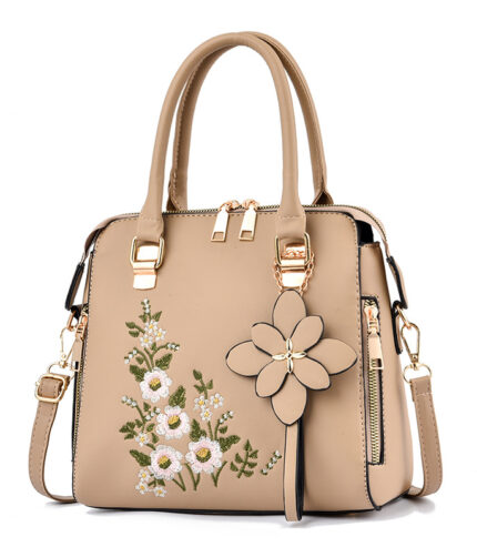 Leather Cream Hand Bag With Embroidered Flower,Cream Hand Bag,Embroidered Flower,Leather Cream Hand Bag