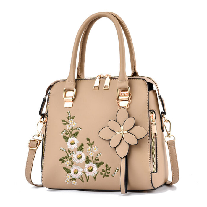 Leather Cream Hand Bag With Embroidered Flower,Cream Hand Bag,Embroidered Flower,Leather Cream Hand Bag