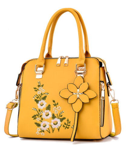 Leather Yellow Hand Bag With Embroidered Flower , Embroidered Flower ,Leather Yellow Hand Bag ,Yellow Hand Bag
