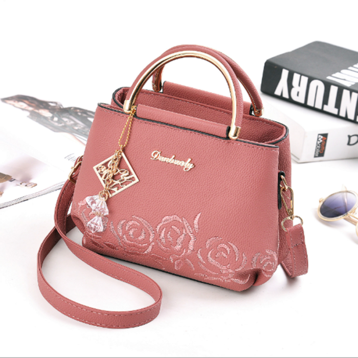 Rose flower embroidered Pink leather handbag ,Rose flower embroidered ,Pink leather handbag