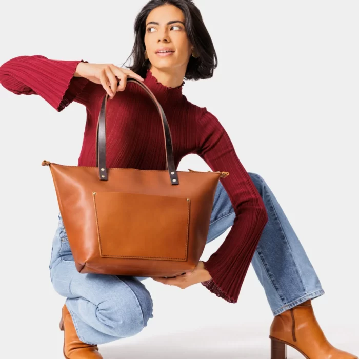 Brown Leather Tote Bag, ladies brown bag, tote bags, Brown Leather Tote Zipper Bag