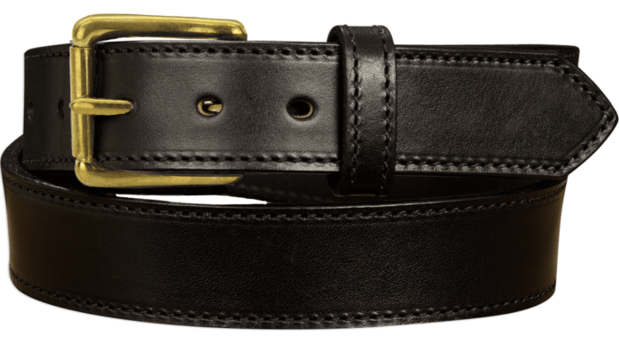 Black Stitched Leather Belt With Brass