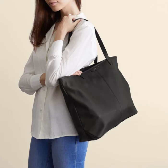 Large Zippered Downtown Black Tote Bag